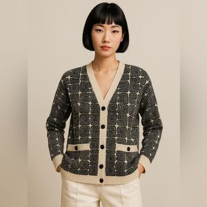 NWT EENK Quintessence Queta Wool Cardigan Black Ivory Geometric Knit One Size M